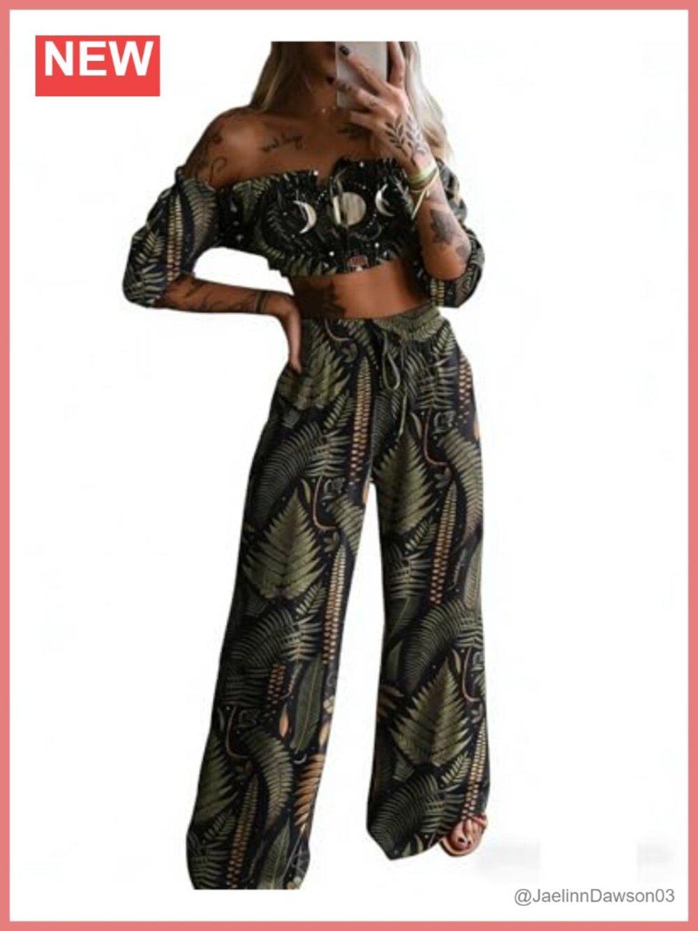 Goth Bat Moon 2 Piece Set Off Shoulder Crop Top Wide Leg Pants Halloween